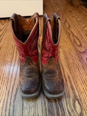 Justin Boots Brown Leather Kids Cowboy Boots with Red Embroidered Shaft